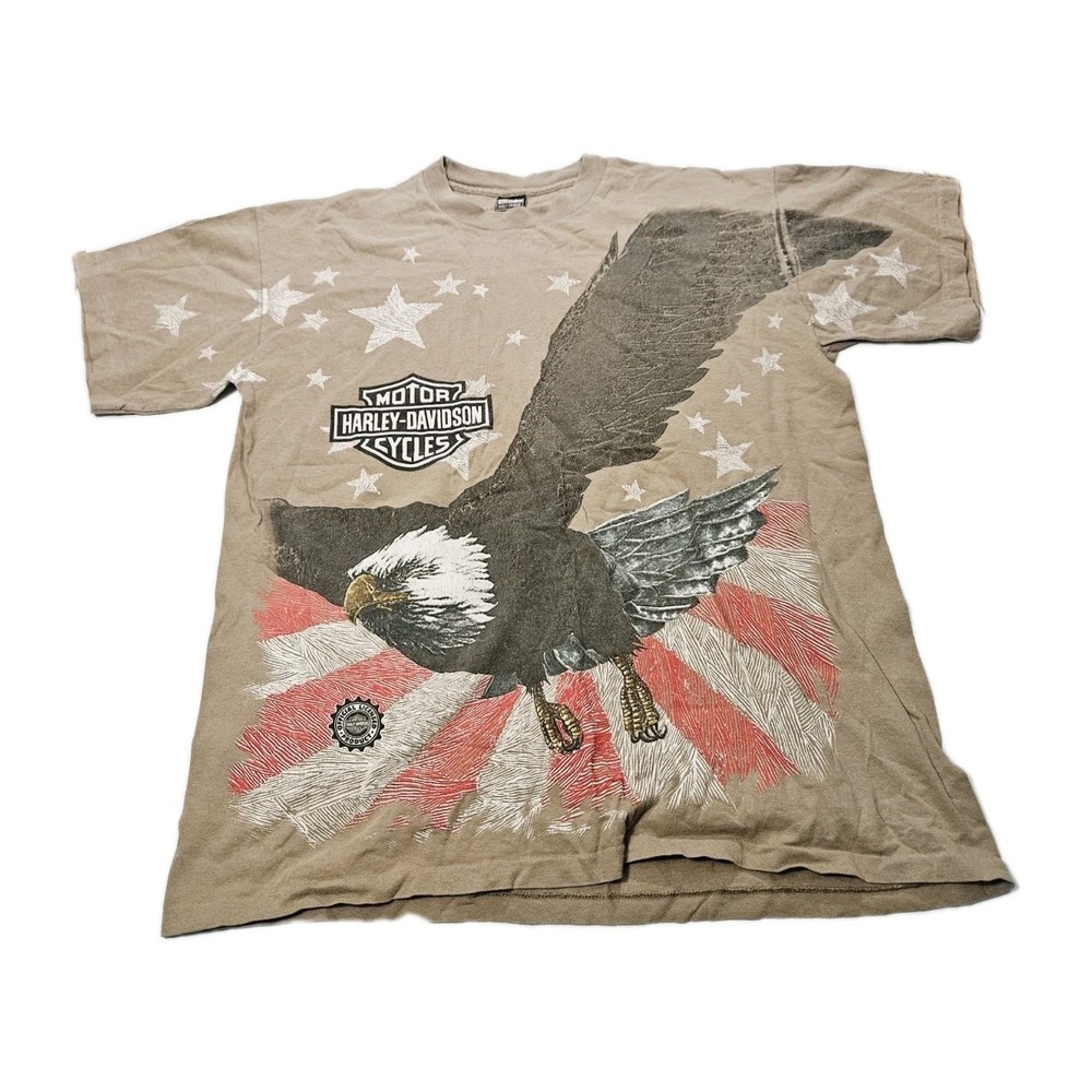 Vtg 90s Harley Davidson AOP Huge Eagle Flag Beige color Faded Biker Shirt Size L - Picture 1 of 4